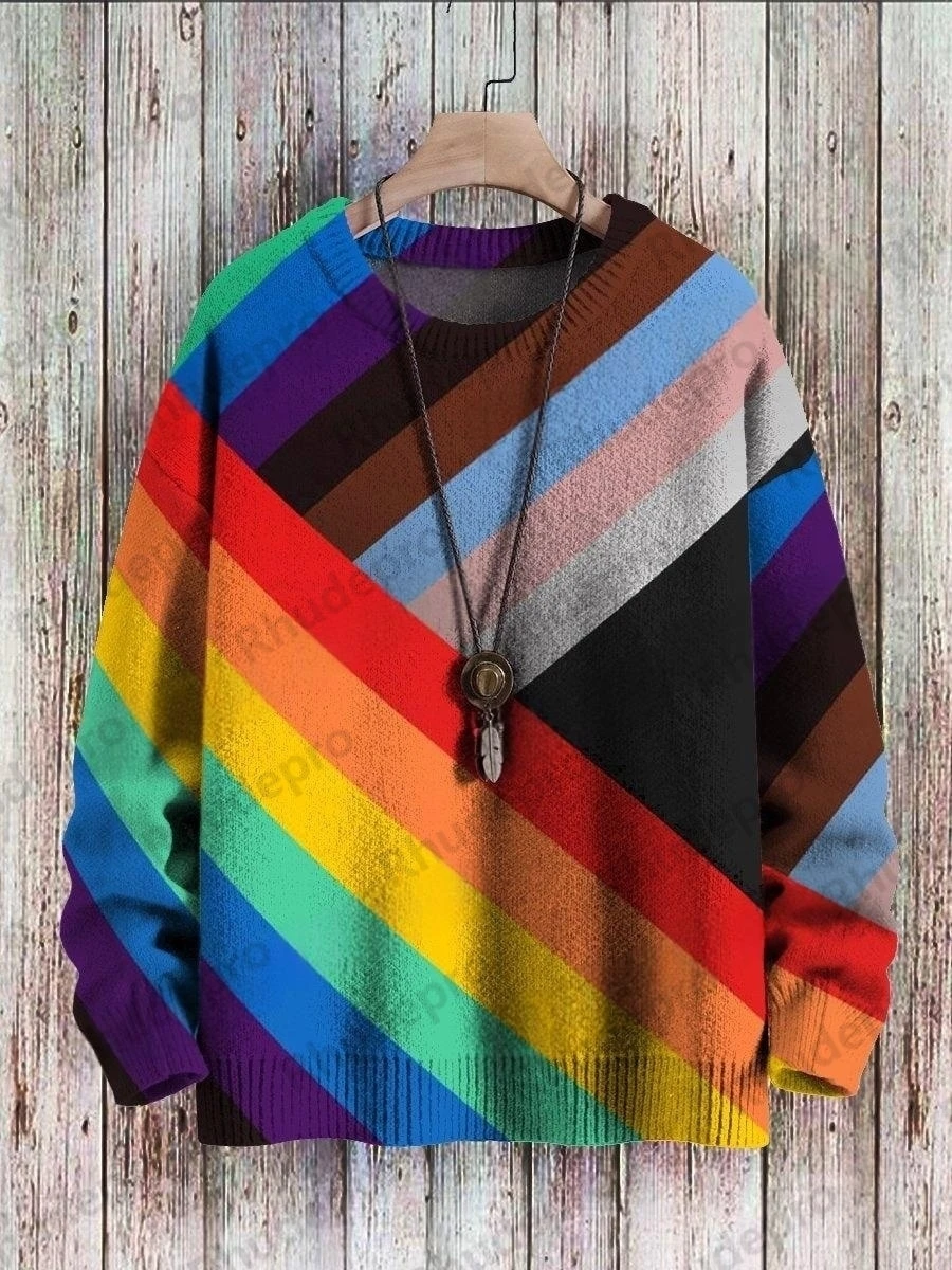 Winter Unisex Casual Knit Pullover Sweater Vintage Rainbow Flame Art Pattern 3D Printed Crewneck Knitted Sweaters
