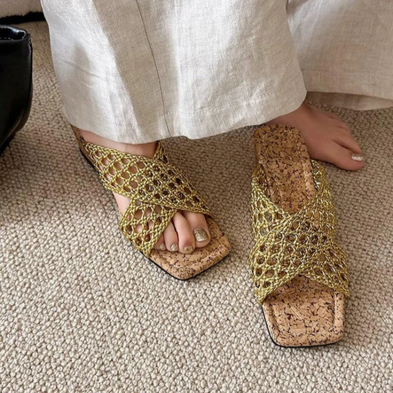 Sandalias de cuña blancas de ganchillo con tiras cruzadas para mujer - Suela de corcho, punta abierta, sin cordones, informales, para verano, playa y vacaciones