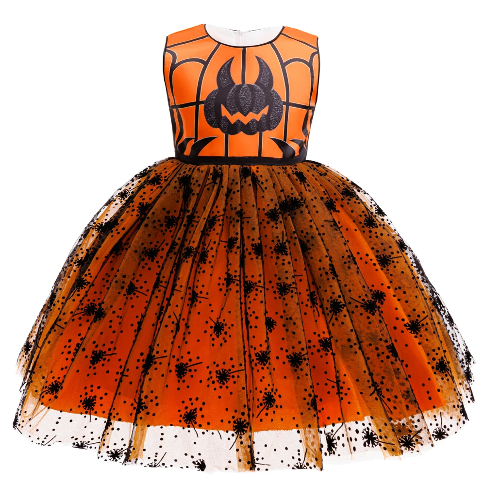 

2-10Y Toddler Girls Halloween Dress, Pumpkin Spider Web Print Sleeveless Multi-Layered Tulle Cake Skirt Party Gown