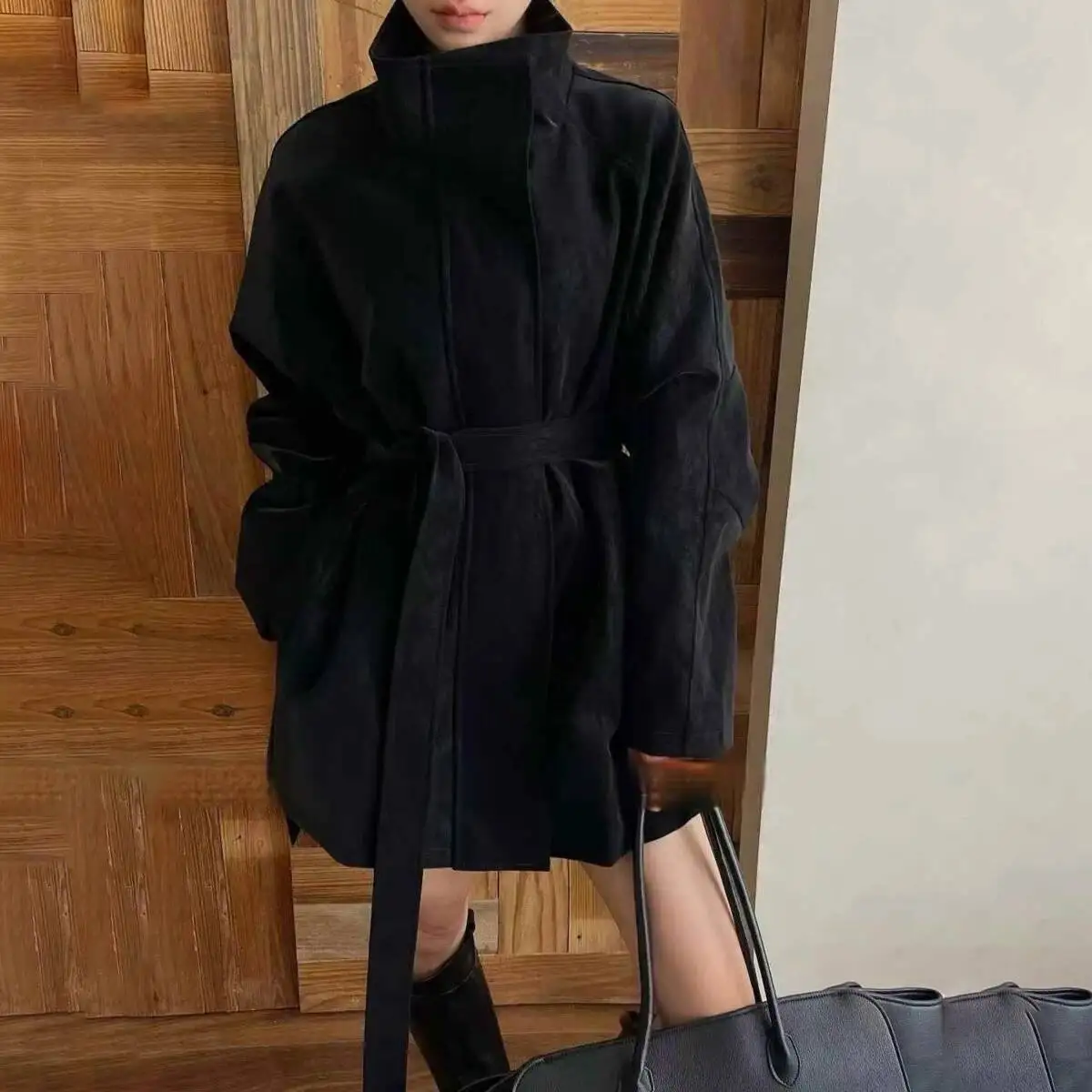 BJTZ ベルト付きタイウエストスタンドカラートレンチジャケット女性のための 2025 秋の新トレンドソリッドカラーオフィスレディ気質ウインドブレーカー