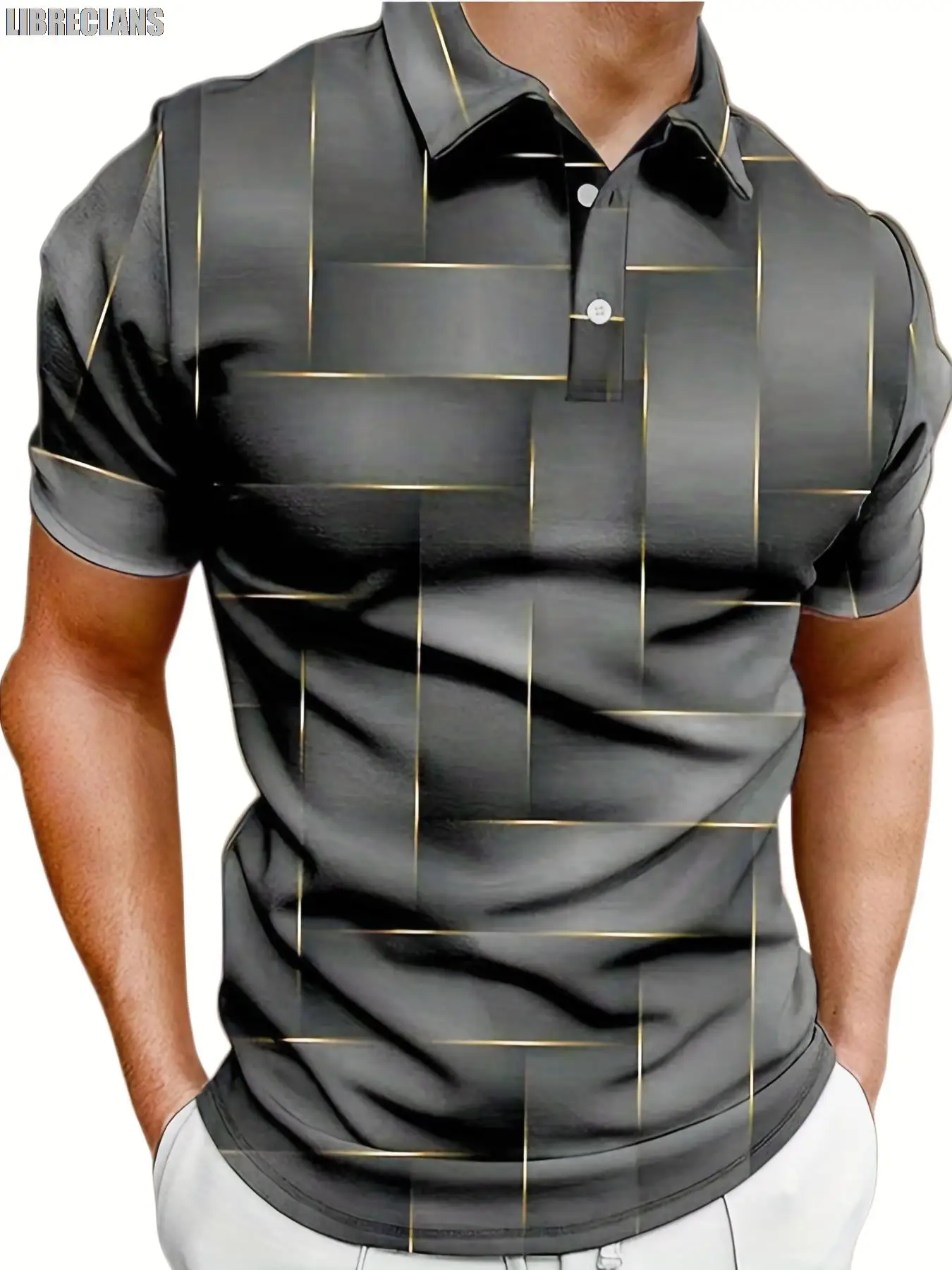 2024 New Button POLO Tops Casual Street Men\'s Gray Plaid Printed Shirt Men\'s Clothing Vintage Loose Sports Short Sleeve Tops