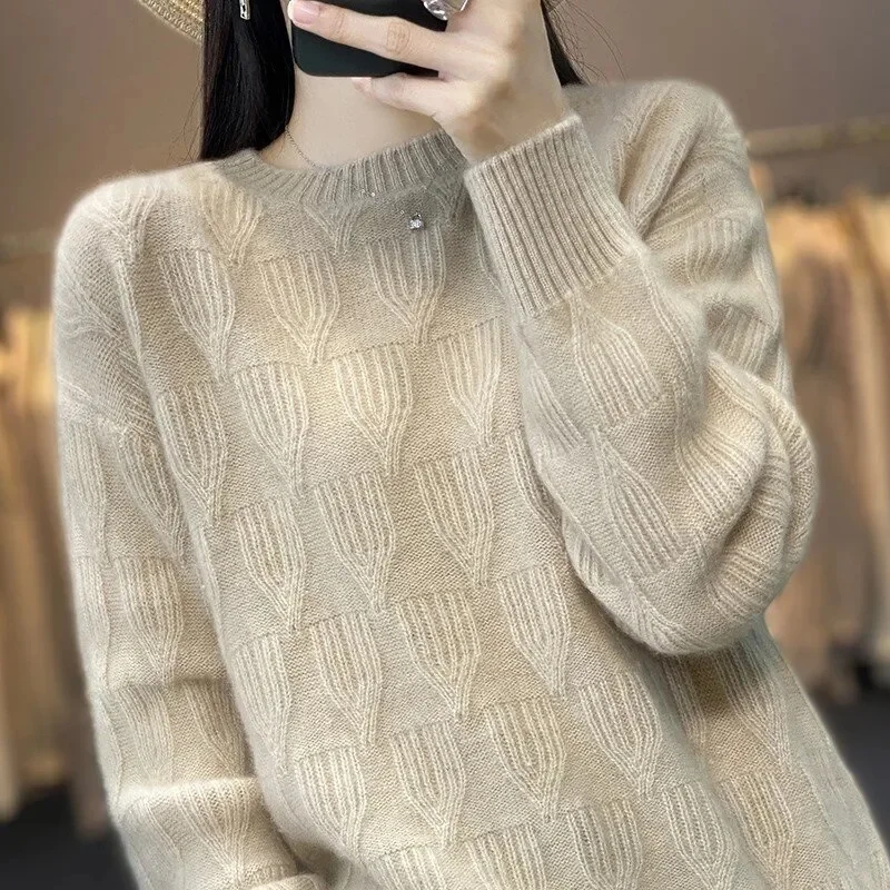 Ladies O-Neck Solid Color Knit Wool Sweater Women Fashion Thickening Pullover Knitted Autumn Winter Female Long Sleeves Sweater