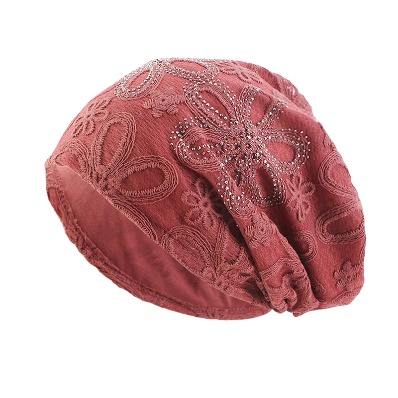 Muslim Lace Women Floral Pullover Turban Hat Flower Elastic Chemo Hijab Caps Baggy Beanies Femme Hair Loss Hats Headwear Wrap