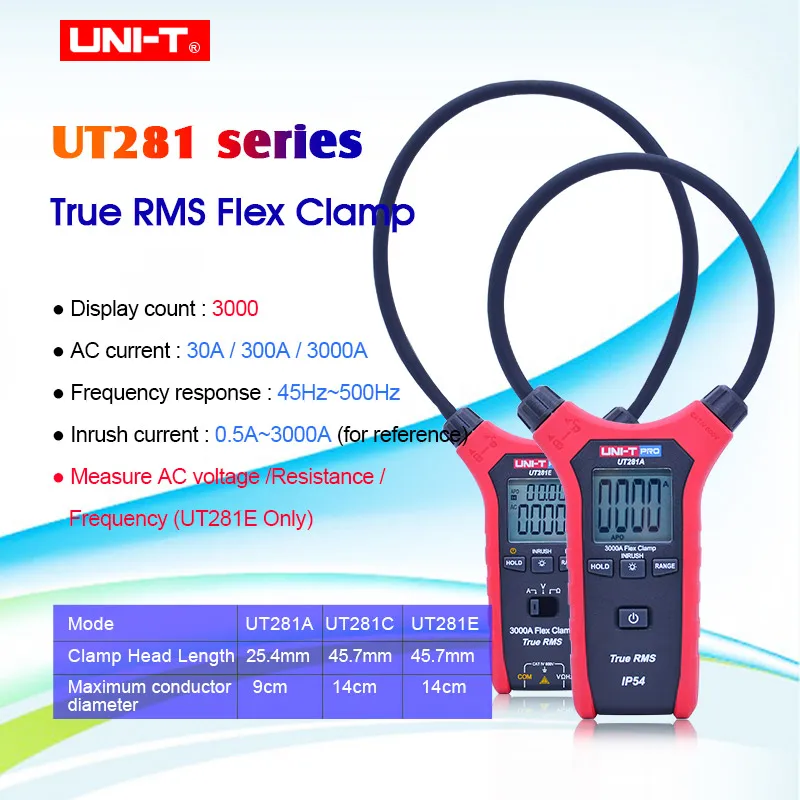 

UNI-T UT281A/UT281C/UT281E True RMS Smart AC 3000A Flexible Clamp Meter Multimeter Ammeter With Backlight Display