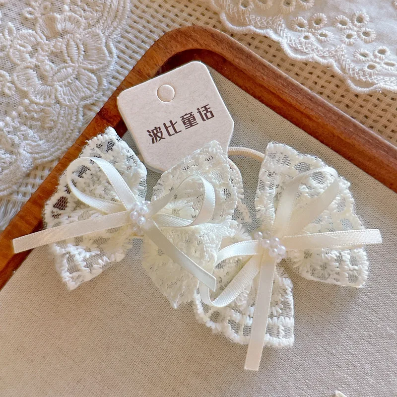 Hair Tie Beige Lace Rose Flower French Style Summer Kids Girls Elastic Fabric Lightweight Portable Sweet Daily Travel Gift