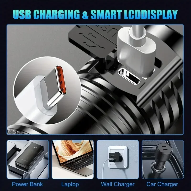Super Bright LED Flashlight USB Rechargeable Torch Telescopic Zoom Light Outdoor Emergency Camping Fishing Waterproof Lantern