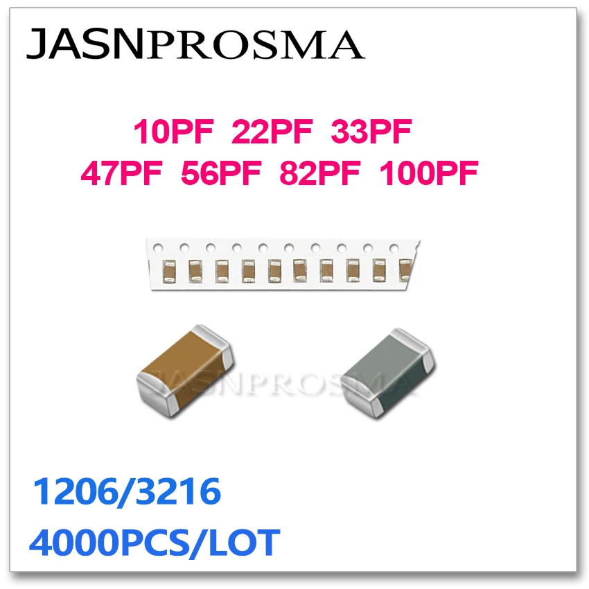 

JASNPROSMA 4000 шт. 1206 COG/NPO RoHS 5% 10PF 22PF 33PF 47PF 56PF 82PF 100PF J 50V SMD, высокое качество конденсатор Новые товары