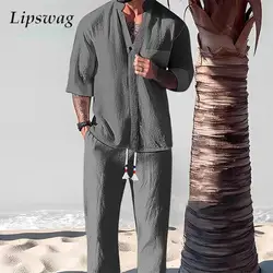 Casual Halbarm Shirts Zwei Stück Sets Männer Sommer Vintage Stehkragen Tops Und Hosen Outfits Herren Mode Einfarbig Anzüge