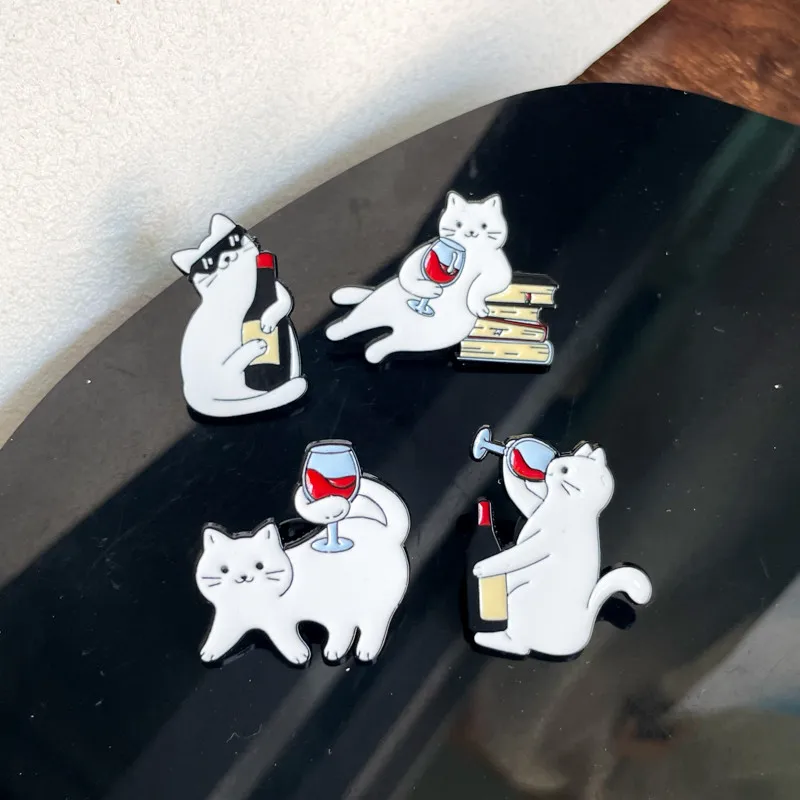 Funny Cartoon Cat Drink Red Wine Enamel Brooch Fashion Cute Kitty Lapel Badge Pins Jewelry Party Gift For Women Girls