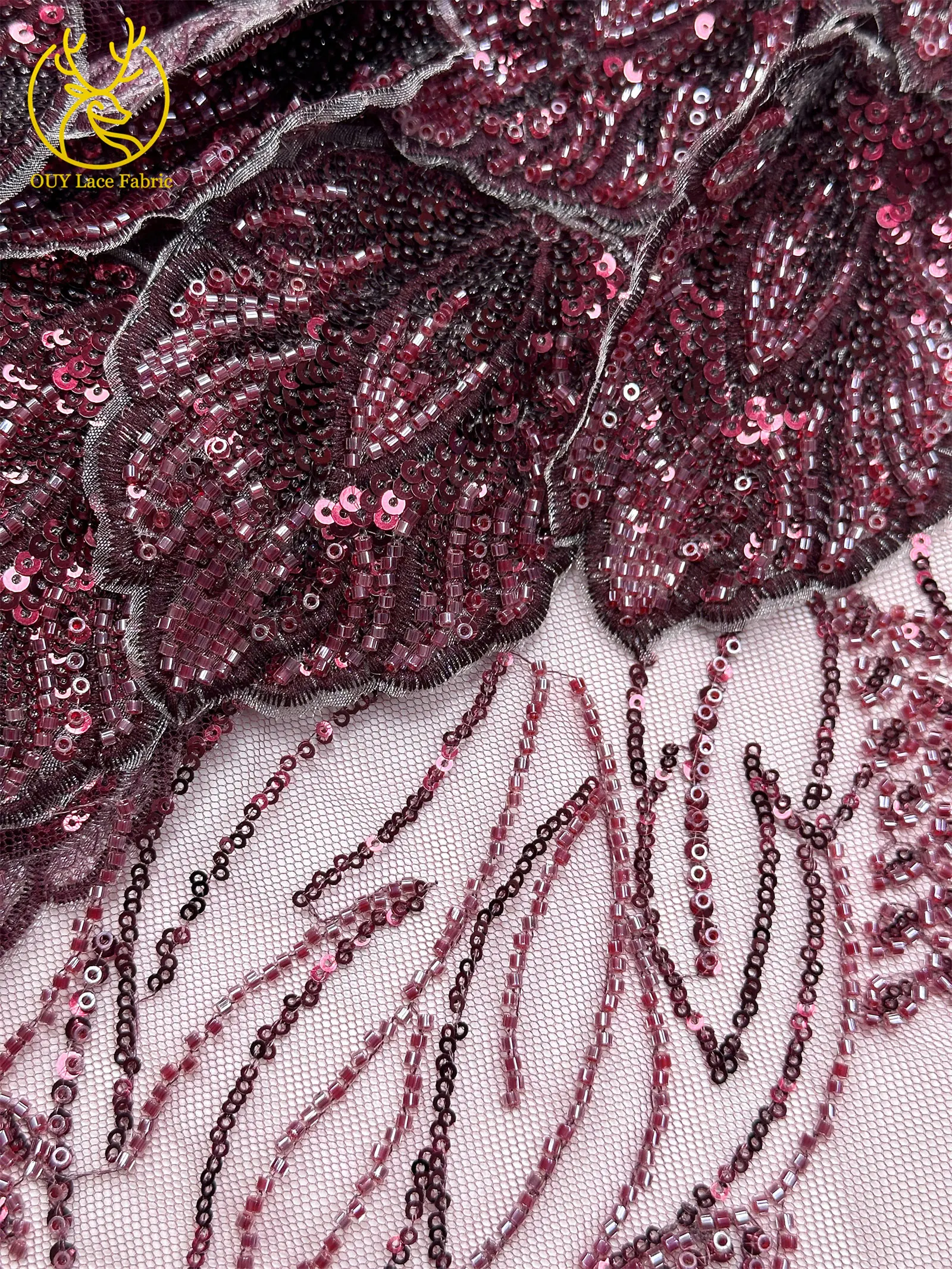 Nigerianischer 3D-Stickerei-Blatt-Spitzenstoff 5 Yards Afrikanische DIY-Stickerei Perlen-Pailletten-Spitze Tüll-Netzspitze Damen-Abendkleid – Detail 24