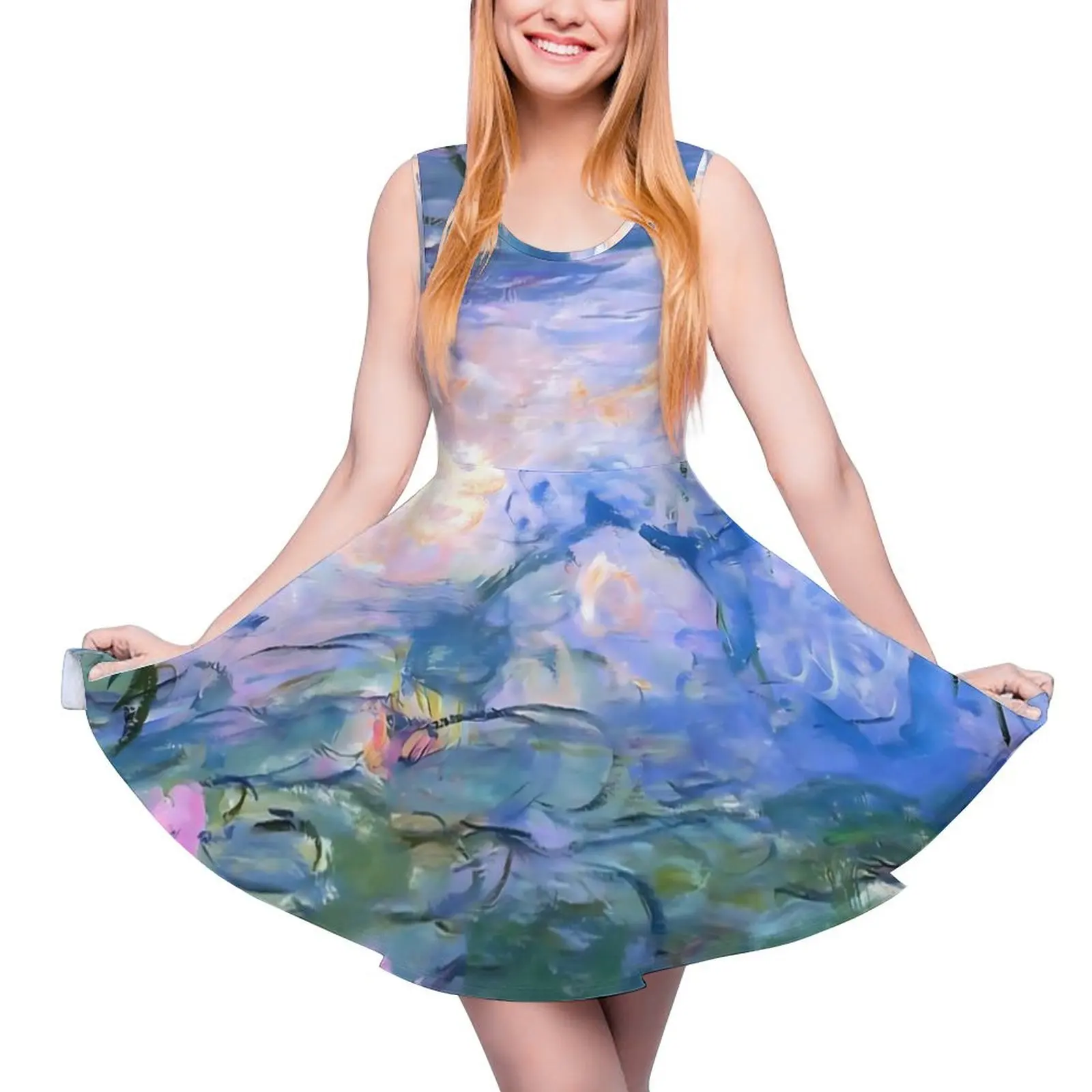 

Painting Print Dress Water Lilies Monet Boho Dresses Sleeveless Street Fashion Skate Dress Women Printed Vestidos Birthday Gift