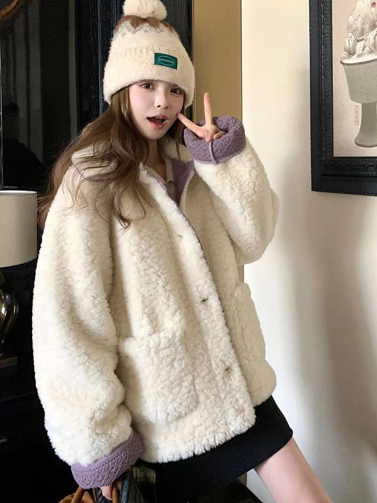 

White Faux Lamb Sweet Coat Women Fashion Preppy Style Winter Warm Jacket Cute Pockets Long Sleeve Patchwork Chic Kawaii Outwear