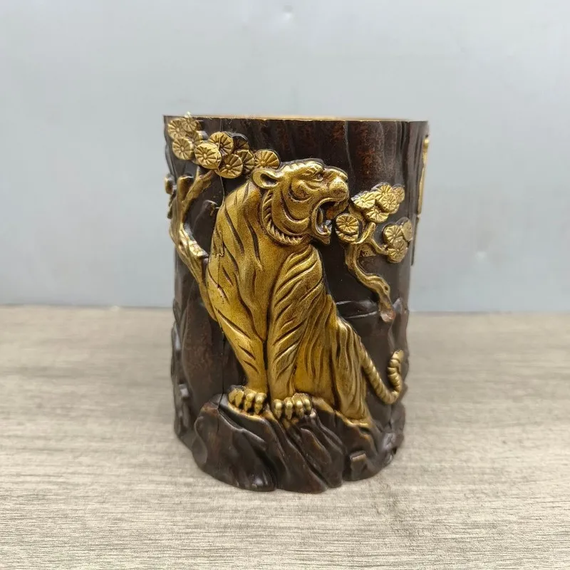 Antique brass -shaped pen holder, a gift and office supply, featuring a carved tiger design