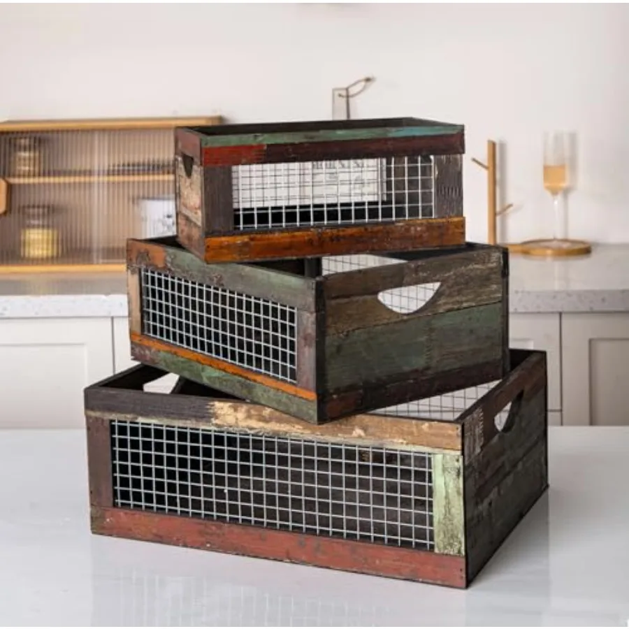 

Деревянные корзины-органайзеры в деревенском стиле, состаренные, из переработанной древесины, с сетчатыми вставками, для хранения и декора