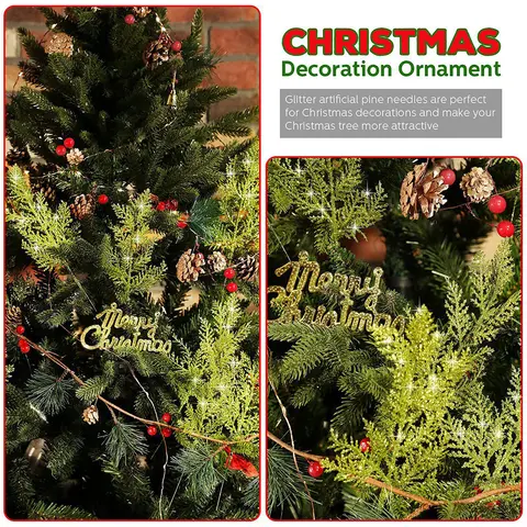 Christmas Party Home Decor Supplies 10Pcs Artificial Pine Branches Glitter Gold Sequin Leaves Fake Plants Xmas Tree Ornaments