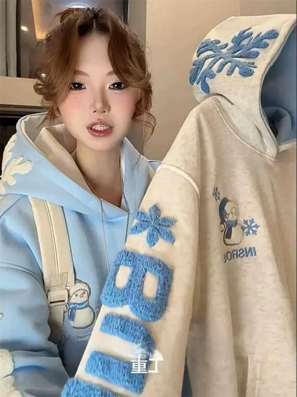 Oversize Hoodie Sweatshirt Fleece Lined Embroidered Letter 3D Contrast Color Towel Ladies plus Size Autumn Winter Korean Style