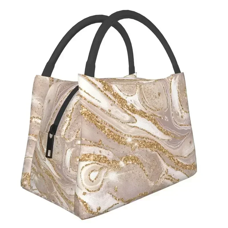 Gold And Cream Marble Pattern Thermal Insulated Lunch Bag Women Geometric Print Portable Lunch Tote Storage Meal Food Box