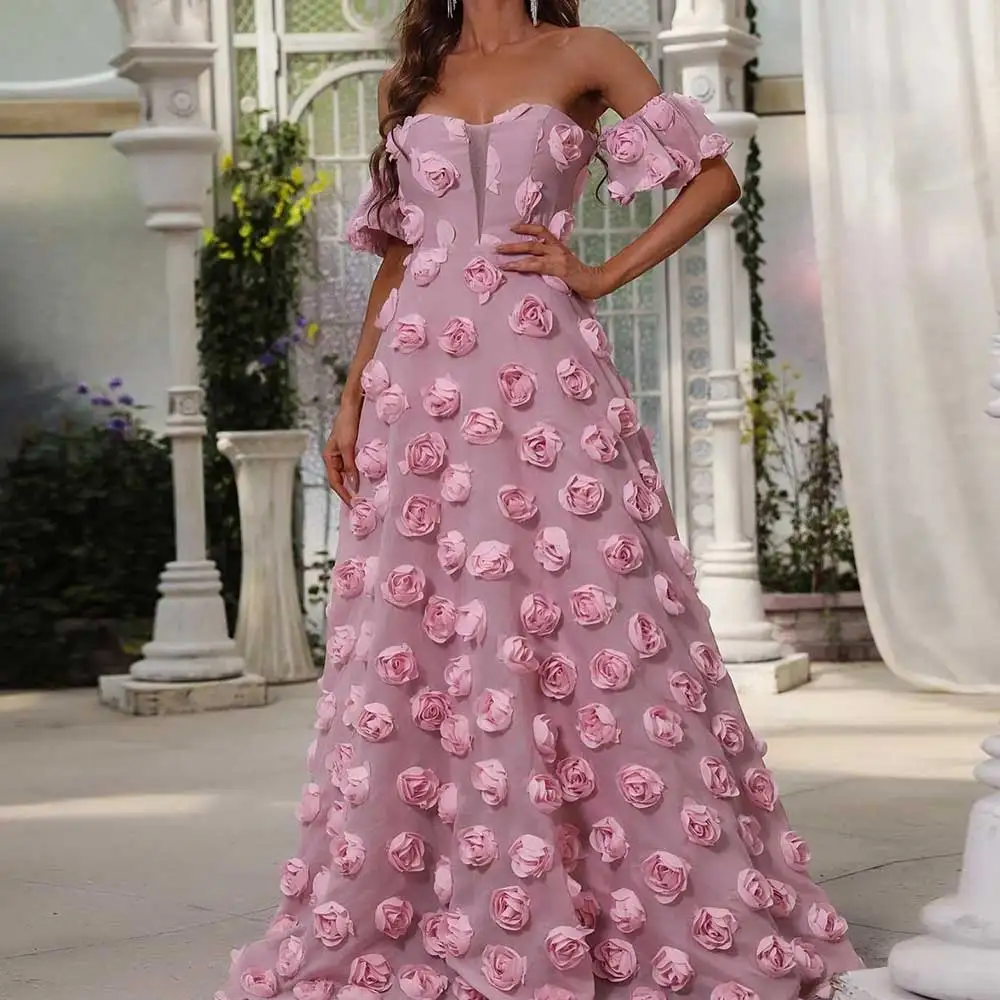 

Fashion Rose Decorated Sweetheart Evening Dress Off The Shoulder A-Line Short Sleeve Backless Women's Sweep Train Prom