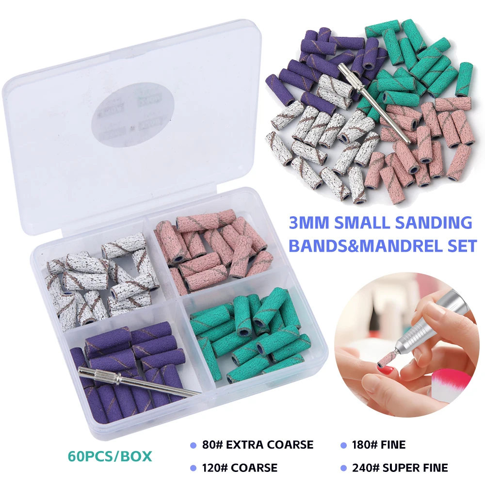 Faixas de lixamento de unhas de 3mm, grãos mistos 80/120/180/240-com 1 peça de eixo para broca elétrica de unhas, kit de manicure e pedicure 60 peças