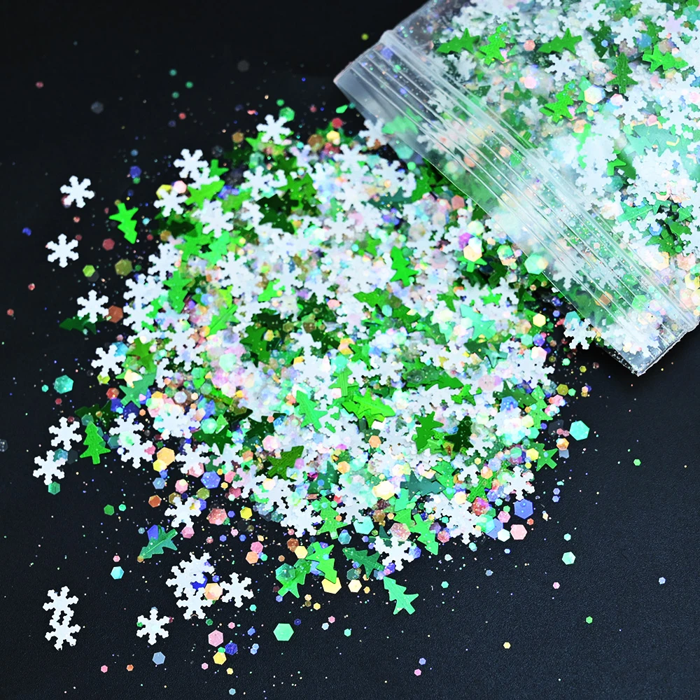 50g bag New Year Snowflakes Nail Glitter Sequins 3D Chunky Glitter Mixed Style For DIY Christmas Charm Nail Art Decorations