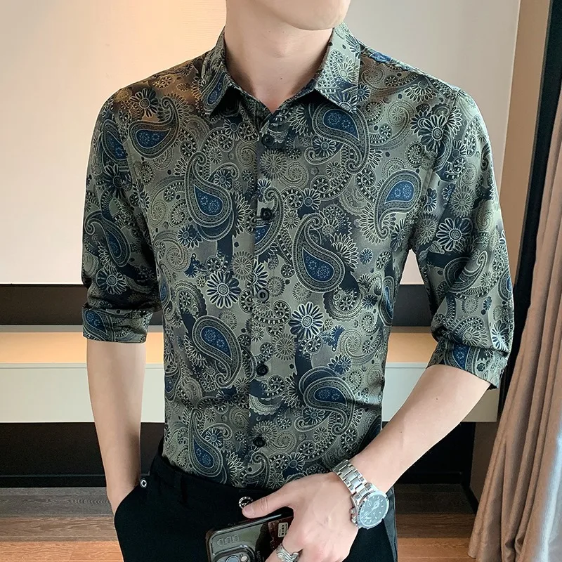 

Retro Bandanna Printed Shirt Men's Summer Three Quarter Sleeve Slim Casual Shirts Fashion Party Streetwear Social Men Clothing