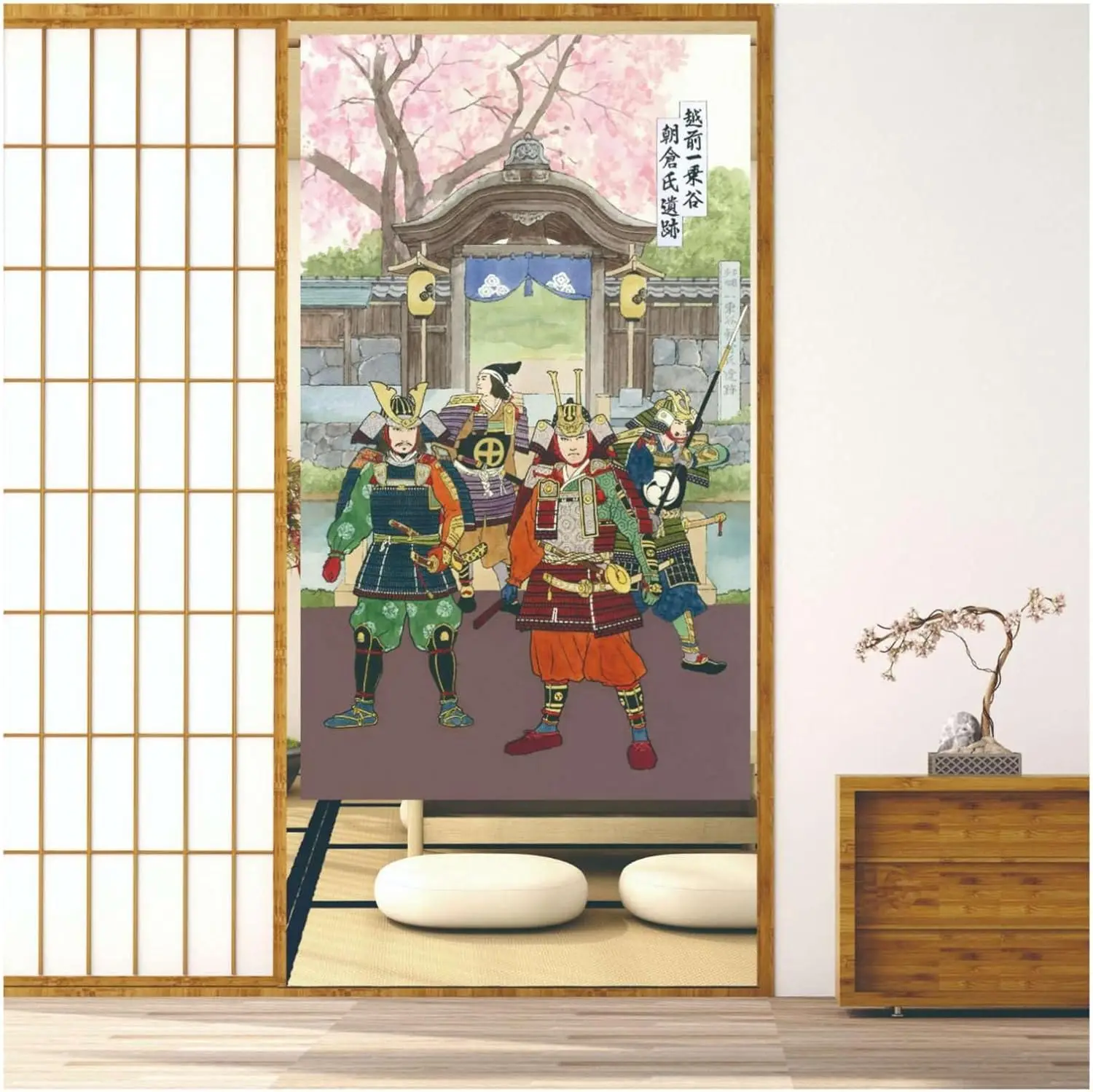 Japanese Samurai Noren Curtain, Vintage Ukiyo-e Style Samurai Warriors Print, Traditional Japanese Castle & Sakura Decor Room