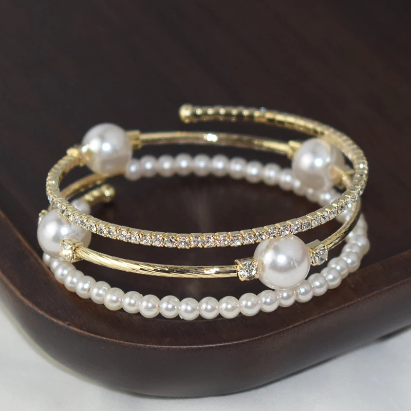 Crystal Pearl Bracelet Ladies Rhinestone Multi-layer Adjustable Bangles Cuffs Gold Silver Plated Charm Bracelets Jewelry Gift