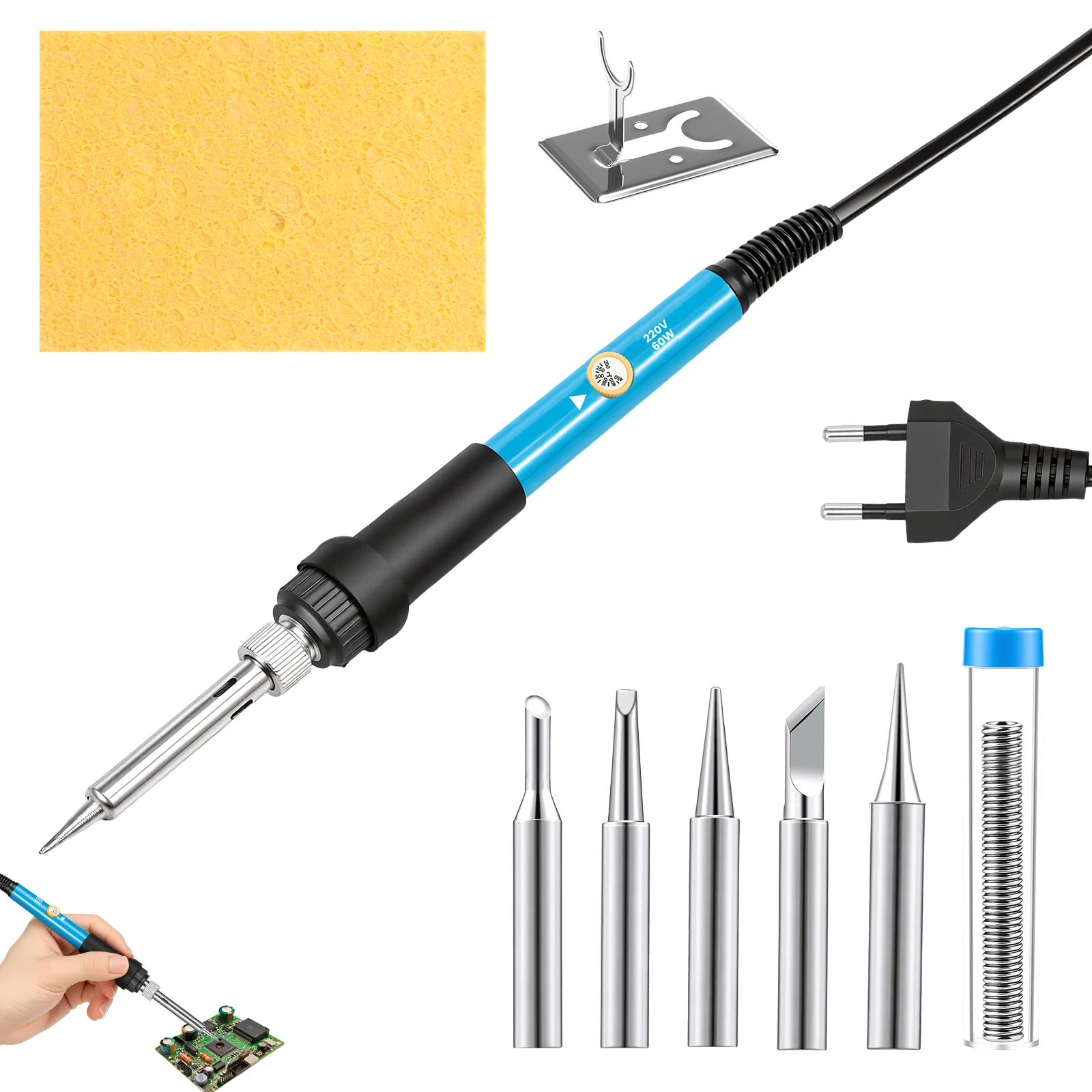 

Adjustable Temperature Electric Soldering Iron EU 60 W 220 V Electric Soldering Iron Kit with 5 Tip Sponge and Stand for Welding