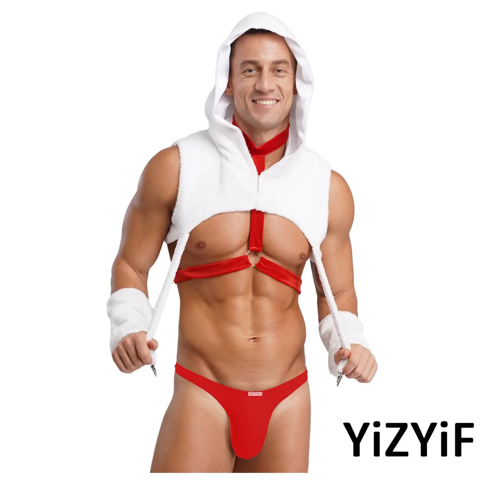 

Mens Christmas Santa Lingerie Costume Xmas Style Hooded Crop Tops Suspender Clips And Body Chest Harness Tops And Oversleeves