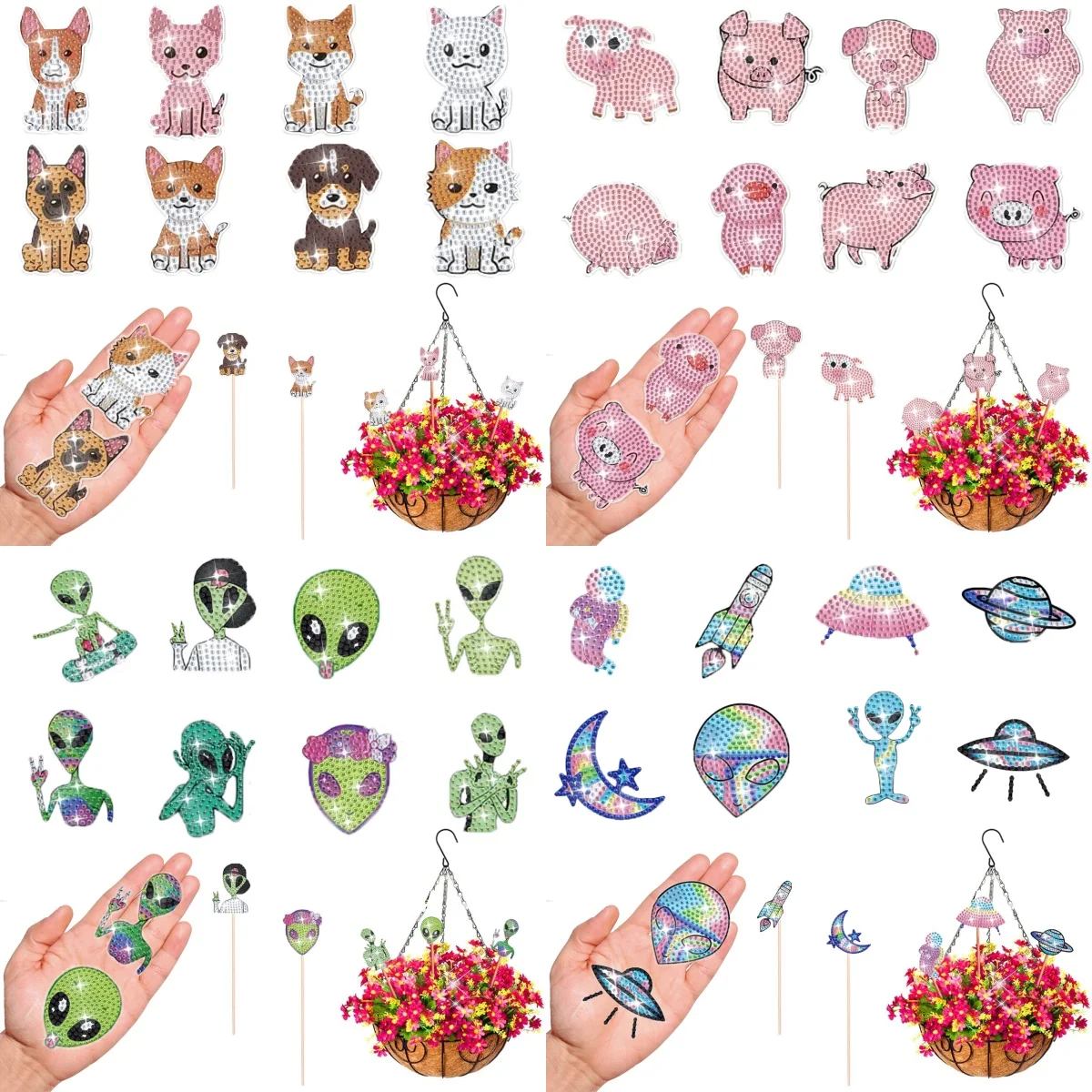 8 piezas de animal/Alien/piedra preciosa de cristal pintada, juego de artesanía redonda en forma de diamante con arreglo floral