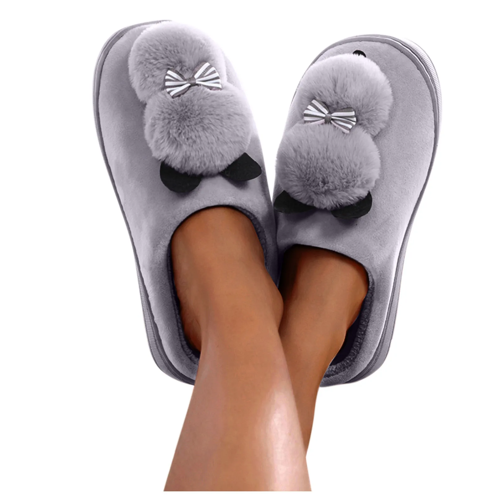 Fluffy Plush Slippers For Woman 37 Size Cute Furry Bowknot Deco Slides Daily Indoor Anti-Silp Soft Rubber Sole Shoes Babouche