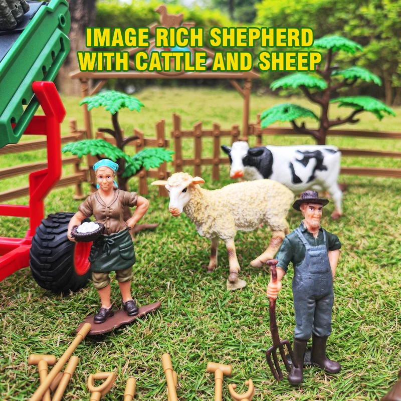 Farmer Harvester Car Model Tractor Trucks Farm Fence Scene Series Simulation Cow Horse Animal Figures Miniature Cute Kid Toy