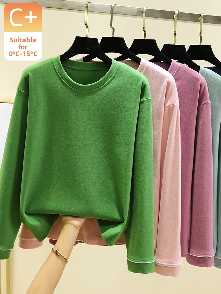 Thickened Winter Long Sleeve Fleece Lined Casual round Neck T-Shirt Women's Self Heating Base Shirt plus Size Slimming Top