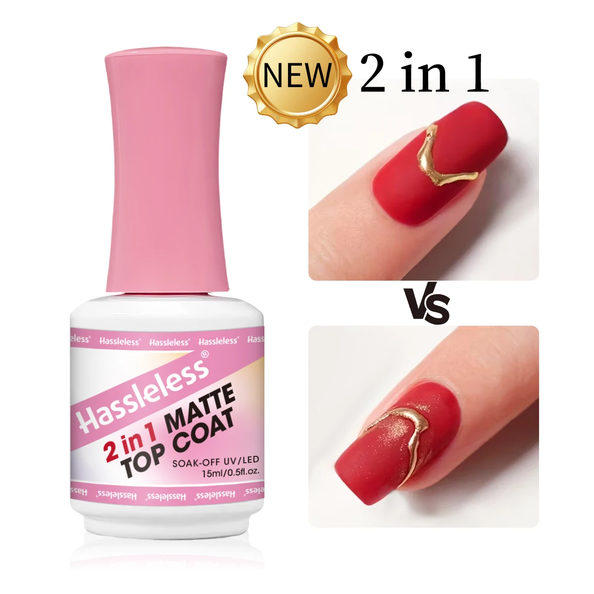 

Hassleless 15ml Single Pack 2-in-1 Matte Gel Top Coat - Removeable/LED Gel Nail Polish, Matte Top Coat, Long-Lasting Nail and Pe
