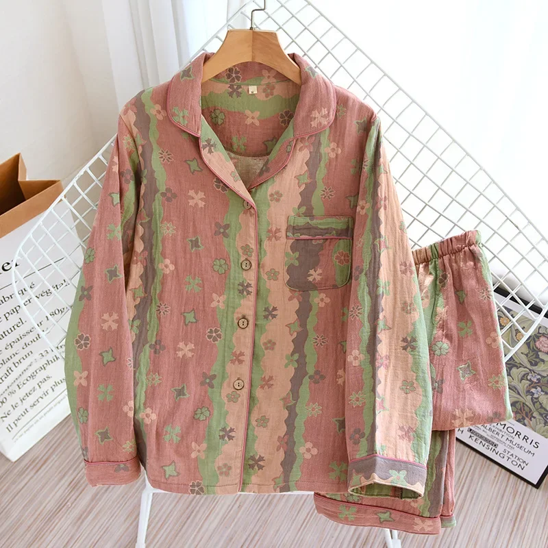 Autumn / Winter Yarn-dyed Jacquard Double Cotton Pajamas Lapels Loose Retro Home Service Suit Vintage Knitted Sleepwear 2 Piece