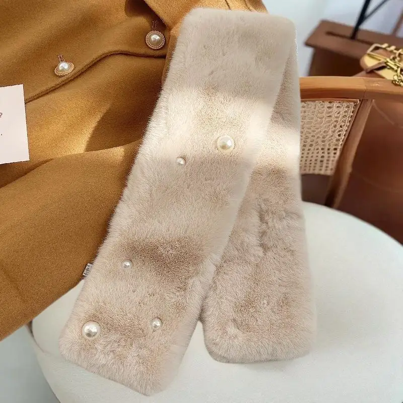 Women Fluffy Rabbit Fur Cross Scarf Winter Warm Neck Cover Collars Scarves Korean Girl Windproof Pearl Plush Snood Neckerchief