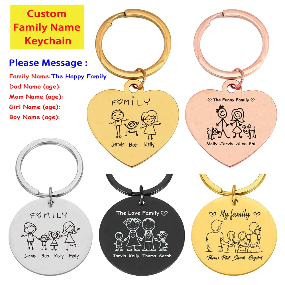 

Custom Family Name Keychain Engraving Personalized Dad Mom Kids Parents Families Member Keyring Key Chain Ring Holder Gifts Man