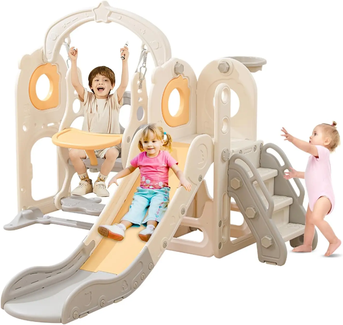 Scivolo per bambini indipendente con set altalena, scivolo da interno per bambini 6 in 1 per bambini 1-3, scivolo a forma di L con canestro da basket, baby sl