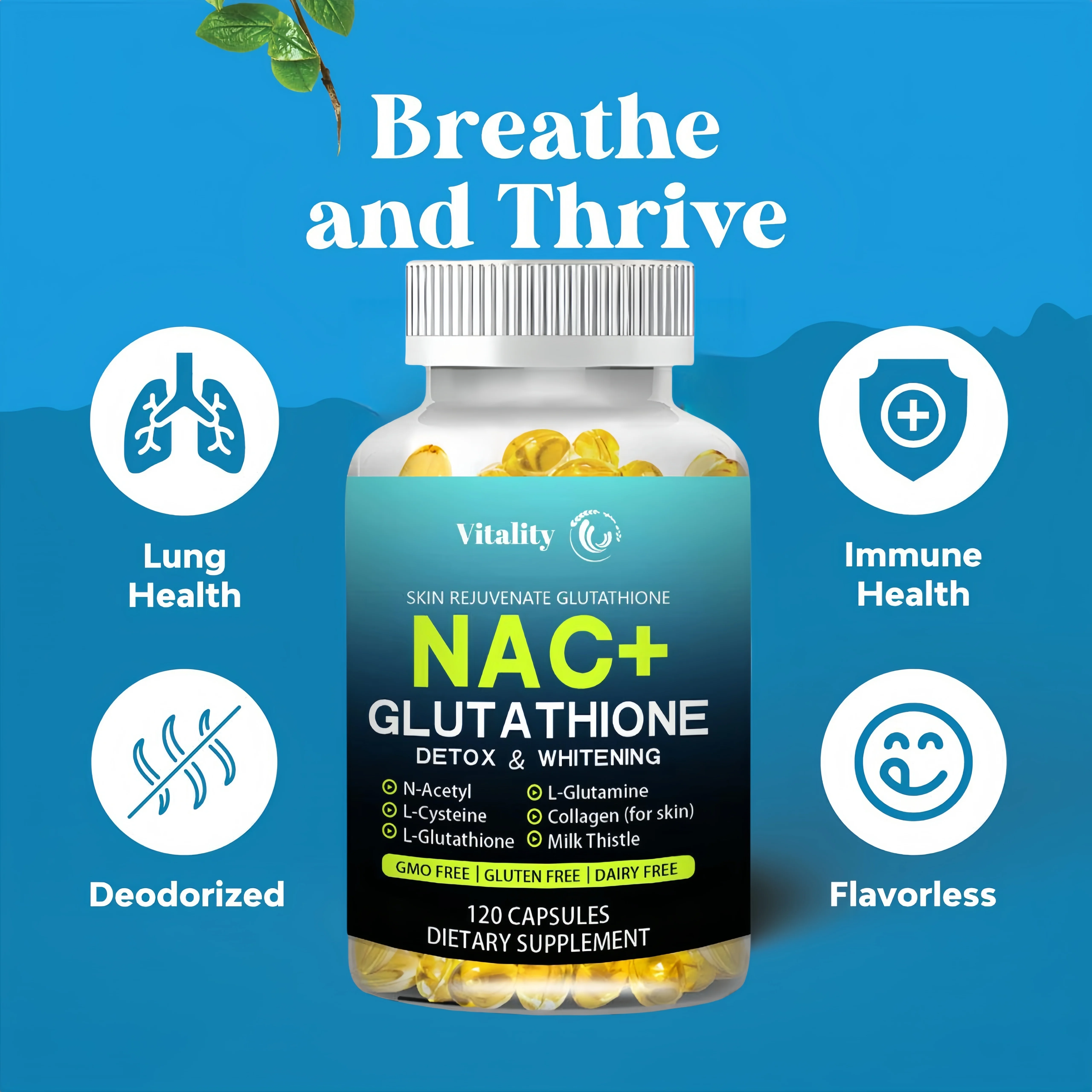 Vitality NAC + Glutathione Supplement To Support Skin Health - Antioxidant Supplement, Non-GMO, 120 Capsules