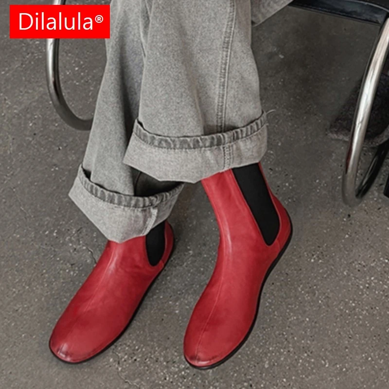 

Dilalula 2026 Comfort Natural Leather Chelsea Short Boots Women Retro Med Increased Heel Casual Boots Lady Red Fashion Boots