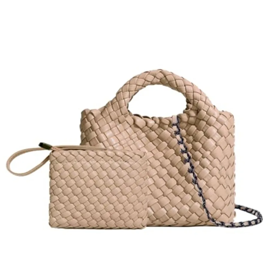 Woven Tote Bag for Women with Coin Purse Foldable Chain Small Crossbody Handbags Fashion Shoulder Bag Hobo Satchel