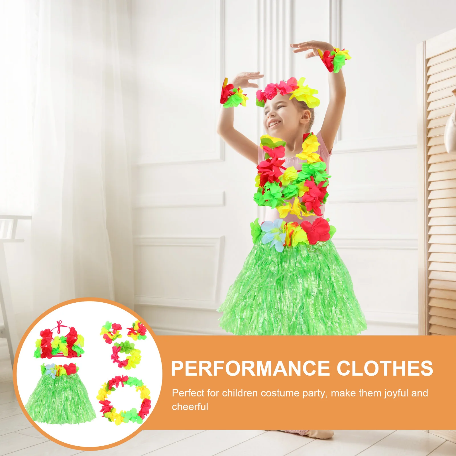 1 Zestaw Kostiumów dla Dzieci w Stylu Hawajskim Elastyczny Oddychający Biustonosz Jasny Wianek Opaska Bransoletka Idealny na Imprezę Kostiumową dla Dzieci