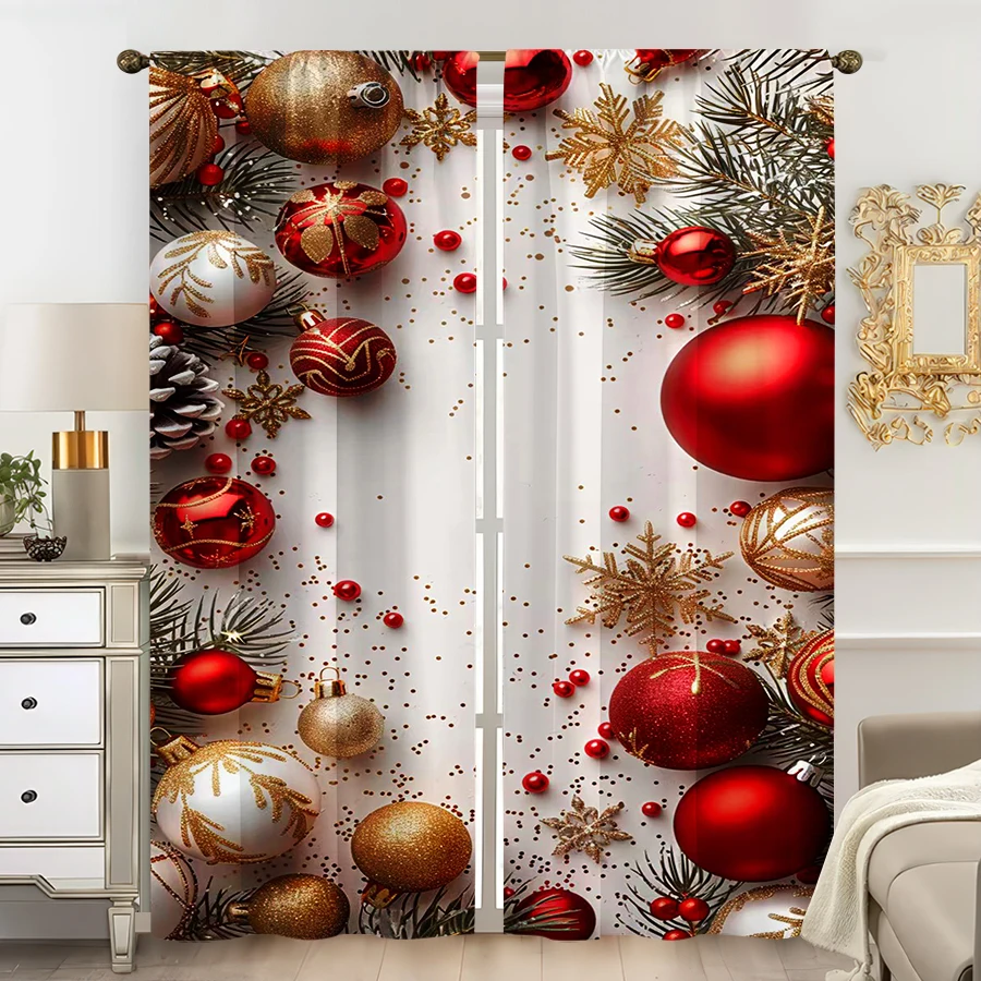 2PCS Digital Print Curtain, Red White Gold Christmas Ornament Balls with Pine Branches and Gold Snowflakes, for Bedroom Decor