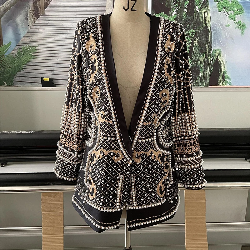 Women Suit Jacket V-Neck Long Sleeved Bubble Bead Print Retro Elegant Fashion Trend Versatile Loose Comfortable Suit Overcoat