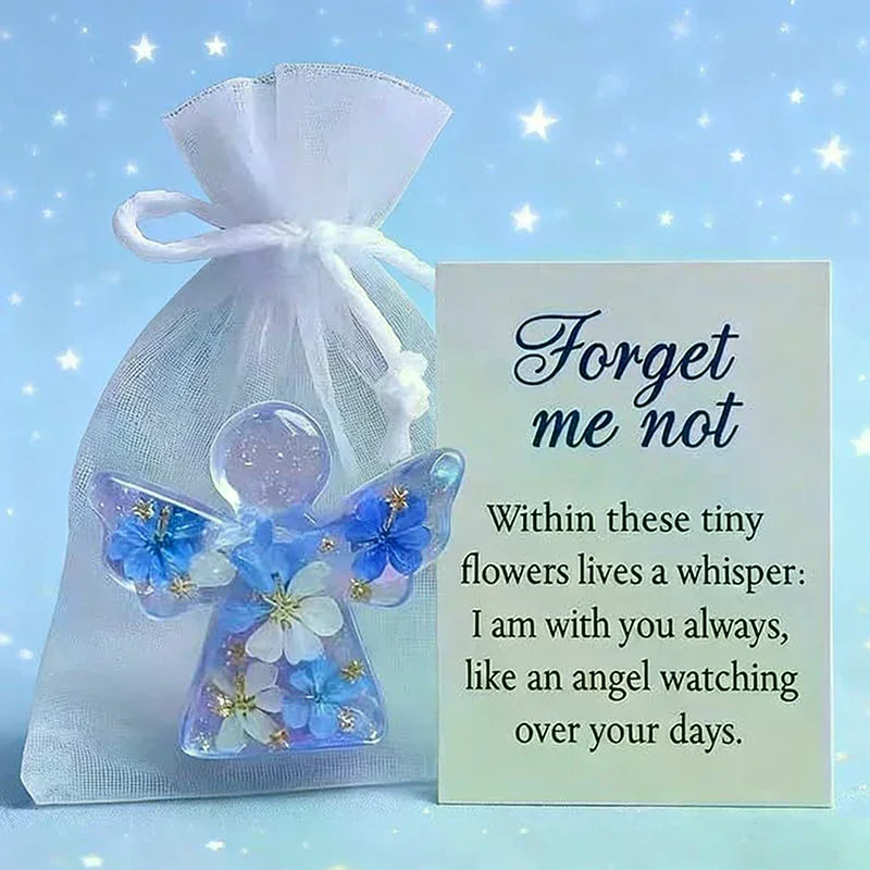 Forget Me Not Dried Flower Angel Keepsake, Mini Resin Guardian Angel Figurine With Organza Bag And Sympathy Card