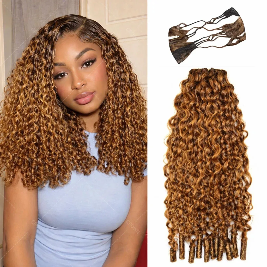 Extensions de cheveux humains bouclés P4/27 style birman, pré-séparées, sans nœuds, avec mèches, boucles profondes, effet plume, extensions de cheveux miracle au crochet