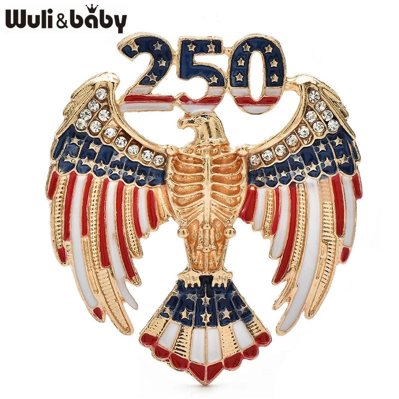 Wuli&baby USA Independence Day Brooch Pins For Women Unisex Enamel Rhinestone American 250 Years Eagle Office Party Brooches