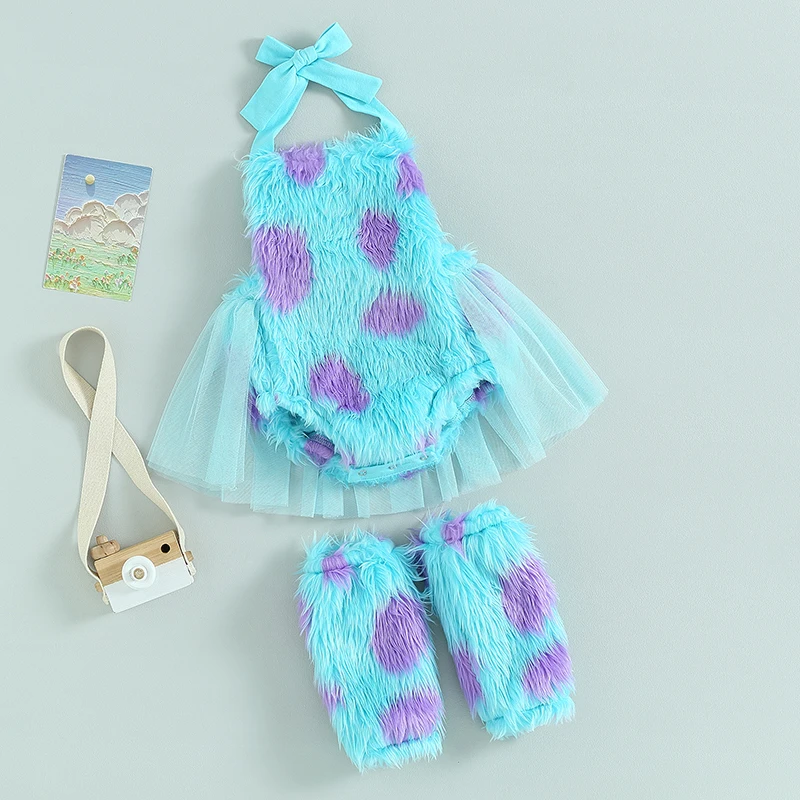 0-36Months Baby Girl Rompers Mesh Hem Backless Print Fur Bodysuit For Girls Xmas Cosplay Playsuit Leg Warmers