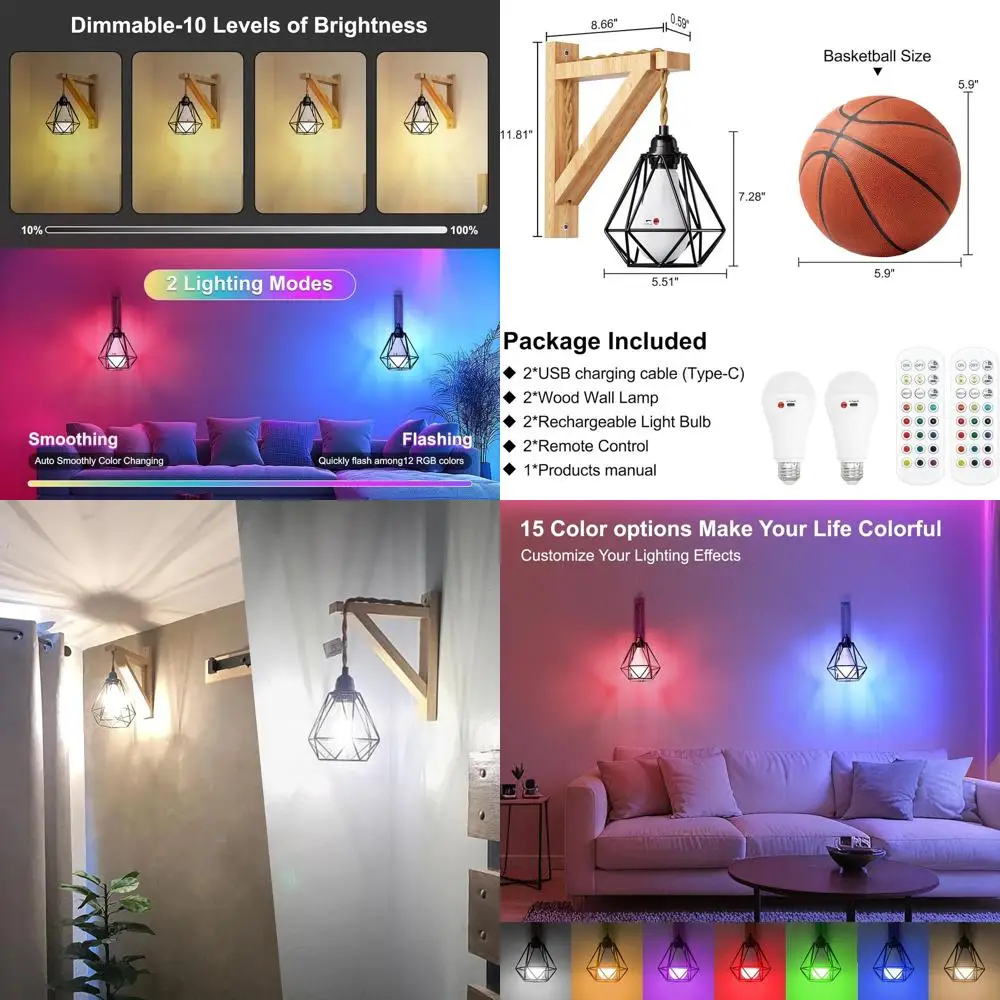 

Перезаряжаемые светодиодные настенные бра из 2 частей с пультом дистанционного управления, 15 цветов RGB, регулировка яркости, 3 настройки таймера, освещение в стиле фермерского дома для спальни