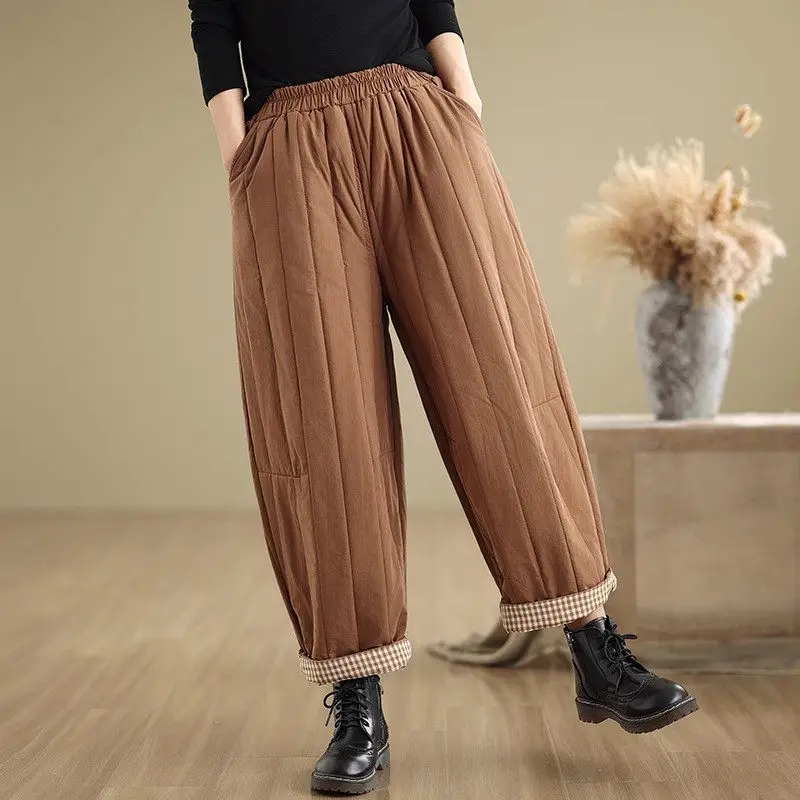 Japanese Style Lazy And Versatile Cotton Wide Leg Pants For Women Autumn Winter Loose Thick Elastic Waist Casual Trousers A482